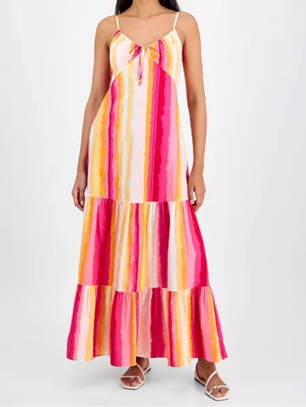 INC Striped Pink & Yellow Tiered Maxi Dress